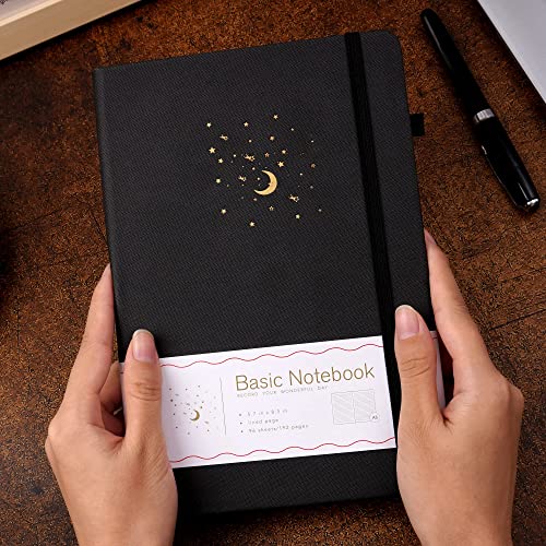 CAGIE Lined Journal Notebook for Work, 196 Pages, Medium 5.7" x 8.3", Hardcover Notebook Journal with Pen Loop, (Black Ruled)