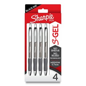 sharpie s-gel, gel pens, sleek metal barrel, gunmetal, medium point (0.7mm), black ink, 4 count