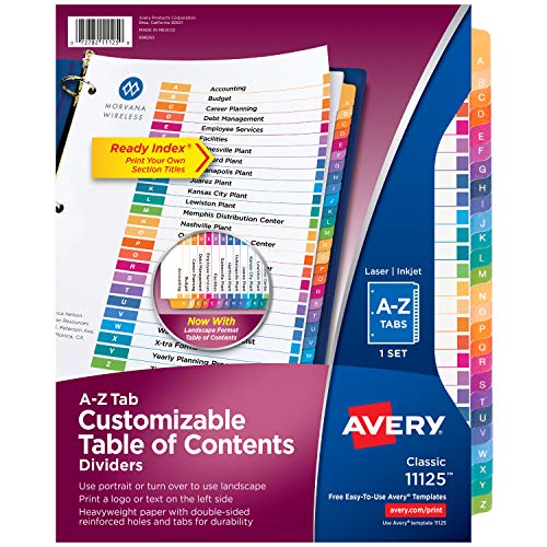 Avery A-Z Tab Dividers for 3 Ring Binders, Customizable Table of Contents, Multicolor Tabs, 1 Set (11125)