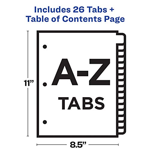 Avery A-Z Tab Dividers for 3 Ring Binders, Customizable Table of Contents, Multicolor Tabs, 1 Set (11125)