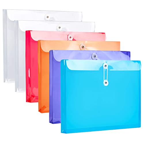 FANWU Plastic Letter Size Envelopes with Button & String Tie Closure, 1-1/6" Expansion, Side Load, Clear Poly Reusable File Folders Project Paper Documents Organizer for Office School Home