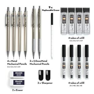 Nicpro 6 PCS Art Mechanical Pencils Set, Metal Artist Drafting Pencil 0.3 & 0.5 & 0.7 & 0.9 mm & 2 PCS 2mm Graphite Lead Holder(4B 2B HB 2H) For Writing Sketching Drawing With Lead Refills Eraser Case