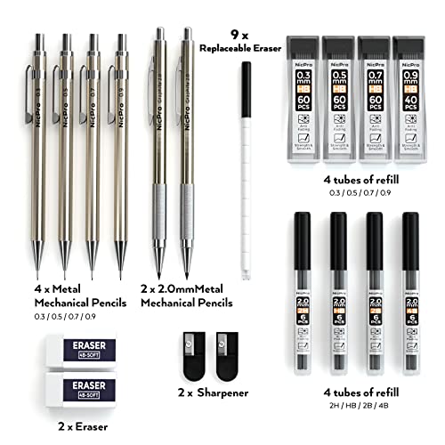 Nicpro 6 PCS Art Mechanical Pencils Set, Metal Artist Drafting Pencil 0.3 & 0.5 & 0.7 & 0.9 mm & 2 PCS 2mm Graphite Lead Holder(4B 2B HB 2H) For Writing Sketching Drawing With Lead Refills Eraser Case