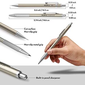 Nicpro 6 PCS Art Mechanical Pencils Set, Metal Artist Drafting Pencil 0.3 & 0.5 & 0.7 & 0.9 mm & 2 PCS 2mm Graphite Lead Holder(4B 2B HB 2H) For Writing Sketching Drawing With Lead Refills Eraser Case