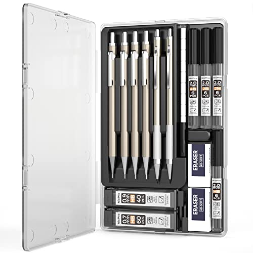 Nicpro 6 PCS Art Mechanical Pencils Set, Metal Artist Drafting Pencil 0.3 & 0.5 & 0.7 & 0.9 mm & 2 PCS 2mm Graphite Lead Holder(4B 2B HB 2H) For Writing Sketching Drawing With Lead Refills Eraser Case