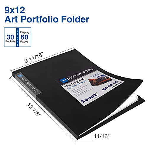 Sooez 30-Pocket Binder with Plastic Sleeves 9x12" (Black), Heavy Duty Art Portfolio Folder with Clear Sheet Protectors, Display 60 Pages, Presentation Book for Artwork, Document Organizer Binder