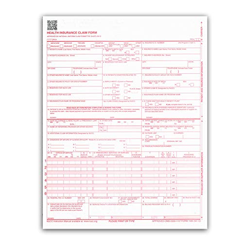 CMS 1500 / HCFA 1500 Insurance Claim Forms - Laser/Ink-Jet Compatible (New Version 02/12) Letter Size 8-12" x 11" 500 Sheets Per Ream