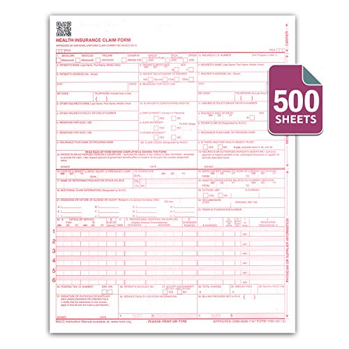 CMS 1500 / HCFA 1500 Insurance Claim Forms - Laser/Ink-Jet Compatible (New Version 02/12) Letter Size 8-12" x 11" 500 Sheets Per Ream