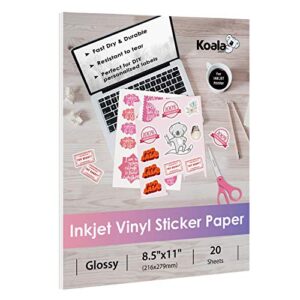 koala printable vinyl sticker paper for inkjet printers – 20 sheets glossy white waterproof adhesive label paper – 8.5×11 inch, tear-resistant, removable