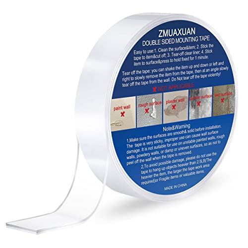 ZMUAXUAN Strong Nano Double Sided Tape Heavy Duty Mounting,Clear Removable Sticky Adhesive Strips No Damage Wall,Waterproof Reusable Thick Gel Grip Washable for Hanging Picture,Poster,Carpet,Photo