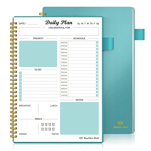 Daily Planner Undated, To Do List Notebook with Hourly Schedule Regolden-Book Calendars Meal, Spiral Appointment Organizers Notebook for Man/ Women, Pocket,Pen Loop, 160 Pages (7x10")