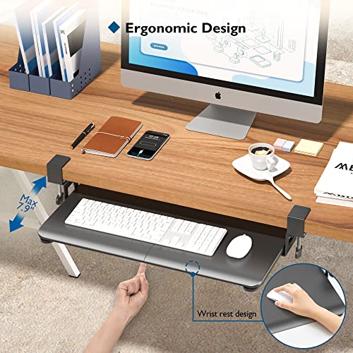 BONTEC Keyboard Tray Under Desk, Pull Out Keyboard & Mouse Tray with C Clamp, 25.6“(30” Including Clamps) x 11.8“ Steady Slide-Out Computer Drawer for Typing, Perfect for Home or Office
