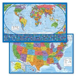 2 pack – laminated world map poster & usa map set – equal earth world map design shows continents at true relative size – us map 18” x 29”