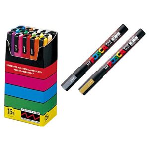 Uni-posca Paint Marker Pen SPECIAL (b-set) , Mitsubishi Pencil Uni Posca Poster Color Marking Pens Fine Point 15 Colours (PC-3M15C), Gold and Silver -Japan Import