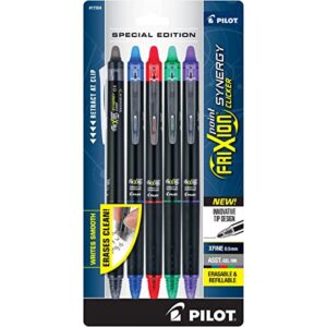 pilot frixion point synergy clicker retractable & erasable gel ink pens, 0.5mm extra fine point, assorted colors, 5-pack