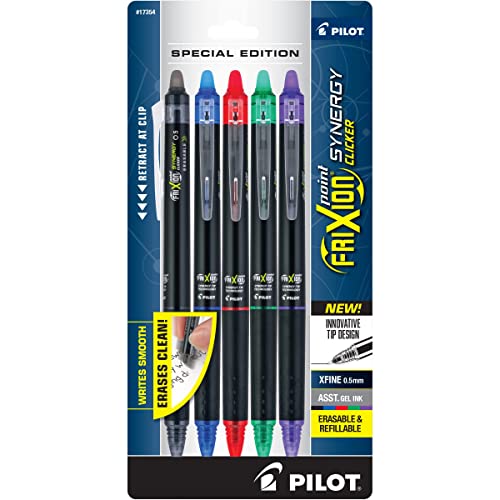 PILOT Frixion Point Synergy Clicker Retractable & Erasable Gel Ink Pens, 0.5mm Extra Fine Point, Assorted Colors, 5-pack