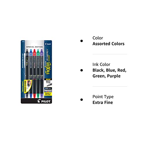 PILOT Frixion Point Synergy Clicker Retractable & Erasable Gel Ink Pens, 0.5mm Extra Fine Point, Assorted Colors, 5-pack