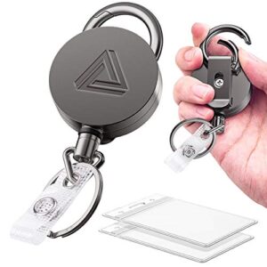 2 pack heavy duty metal retractable badge holder reel with belt clip key ring and waterproof vertical clear id card holder + 2 extra carabiner key chain rings, 28 inches strong dyneema pull cord
