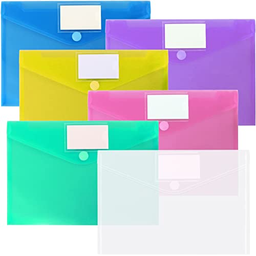 OUTYLTS 11 Pack Plastic Poly Filing Envelopes, Clear Document Folders US Letter A4 Size File Envelopes with Label Pocket & Paste Button for School Home Work Office Organization, 6 Assorted Color