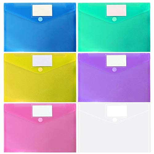 OUTYLTS 11 Pack Plastic Poly Filing Envelopes, Clear Document Folders US Letter A4 Size File Envelopes with Label Pocket & Paste Button for School Home Work Office Organization, 6 Assorted Color