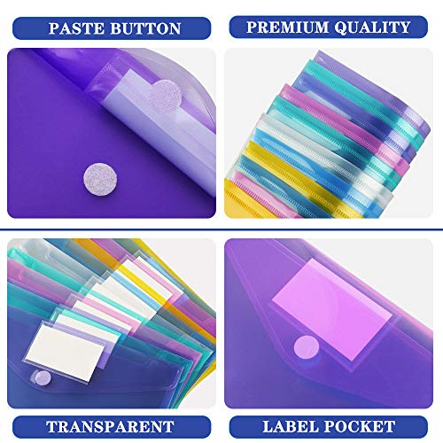 OUTYLTS 11 Pack Plastic Poly Filing Envelopes, Clear Document Folders US Letter A4 Size File Envelopes with Label Pocket & Paste Button for School Home Work Office Organization, 6 Assorted Color