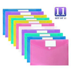 OUTYLTS 11 Pack Plastic Poly Filing Envelopes, Clear Document Folders US Letter A4 Size File Envelopes with Label Pocket & Paste Button for School Home Work Office Organization, 6 Assorted Color