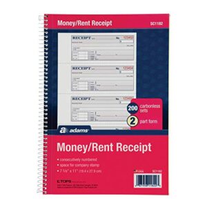 Adams Money and Rent Receipt Book, 2-Part Carbonless, 7-5/8" x 11", Spiral Bound, 200 Sets per Book, 4 Receipts per Page (SC1182), White/Canary