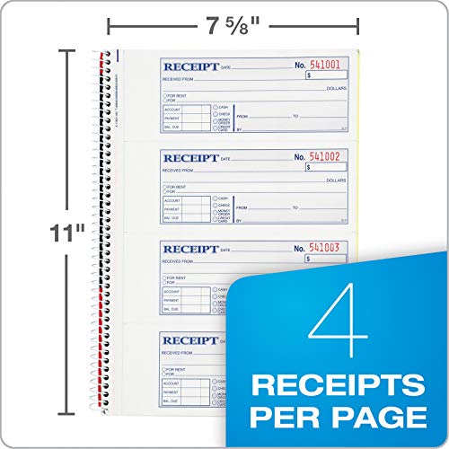 Adams Money and Rent Receipt Book, 2-Part Carbonless, 7-5/8" x 11", Spiral Bound, 200 Sets per Book, 4 Receipts per Page (SC1182), White/Canary