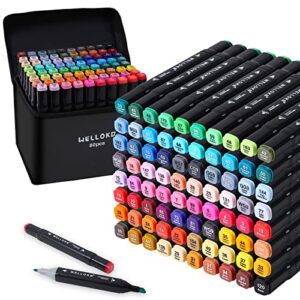 wellokb alcohol markers, 80 colors dual tip permanent art markers for kids adults coloring illustrations sketch,christmas gift for kid,alcohol based marker with case,for book painting card making