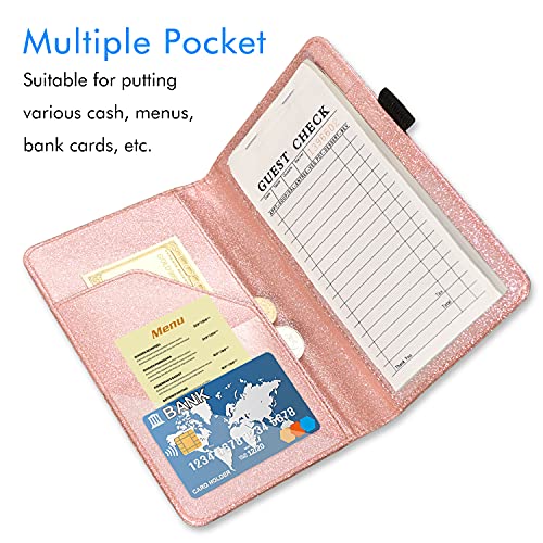 ACdream Server Books for Waitress, Guest Book Note Pad, Cute Pocket Leather Money Organizer Wallet, Cash Check Bill Receipt Holder Presenter, Waiter Accessories Fit Server Apron- Glitter Rose