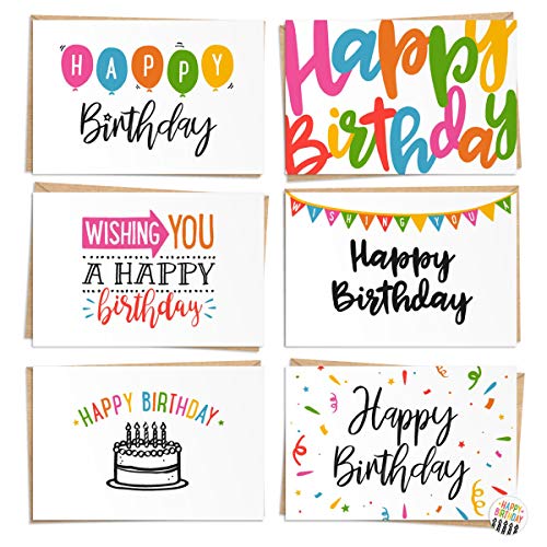 120 Pack Happy Birthday Cards - Bulk Set Includes 6 Designs, Craft Paper Envelopes and Labels Included, 4 x 6 Inches