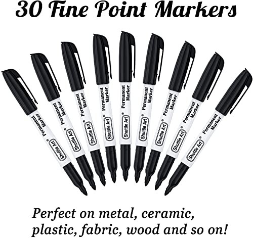 Permanent Markers,Shuttle Art 30 Pack Black Permanent Marker set,Fine Point, Works on Plastic,Wood,Stone,Metal and Glass for Doodling, Marking