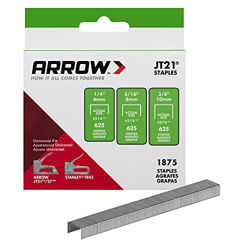 Arrow 21MP1 JT21 Thin Wire Staples Multipack for Staple Guns and Staplers, Use for Upholstery, Crafts,General Repairs, Includes 1/4-Inch, 5/16-Inch, and 3/8-Inch Sizes, 1875-Pack,(Packaging May Vary)