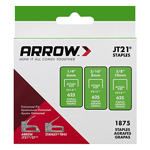 Arrow 21MP1 JT21 Thin Wire Staples Multipack for Staple Guns and Staplers, Use for Upholstery, Crafts,General Repairs, Includes 1/4-Inch, 5/16-Inch, and 3/8-Inch Sizes, 1875-Pack,(Packaging May Vary)