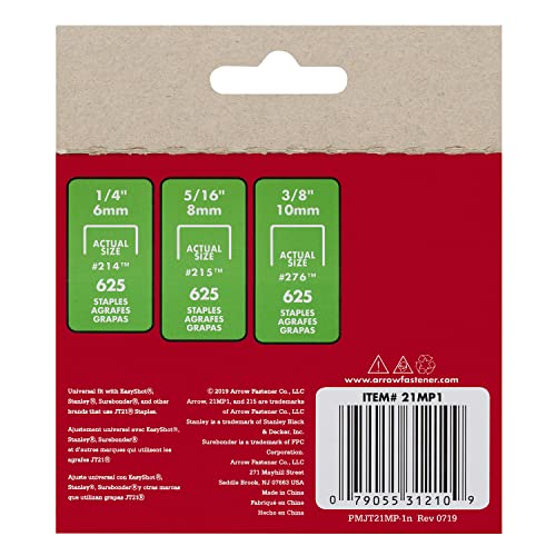 Arrow 21MP1 JT21 Thin Wire Staples Multipack for Staple Guns and Staplers, Use for Upholstery, Crafts,General Repairs, Includes 1/4-Inch, 5/16-Inch, and 3/8-Inch Sizes, 1875-Pack,(Packaging May Vary)