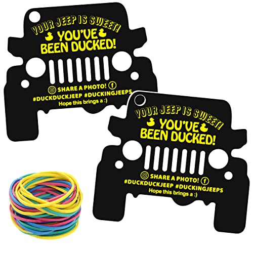 Fantasyon You've Been Ducked Card 50 Pack Duck Duck Tags Attach to Rubber Ducks Die Cut Black Jeep Car Design With Round Hole and Rubber Bands 3.5 x 2 Inch