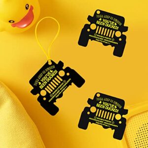 Fantasyon You've Been Ducked Card 50 Pack Duck Duck Tags Attach to Rubber Ducks Die Cut Black Jeep Car Design With Round Hole and Rubber Bands 3.5 x 2 Inch