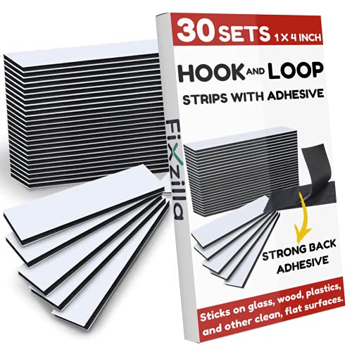 FixZilla 30 Sets Hook and Loop Strips with Adhesive - 1x4 Inch - Strong Back Adhesive Fasteners Tape, Black