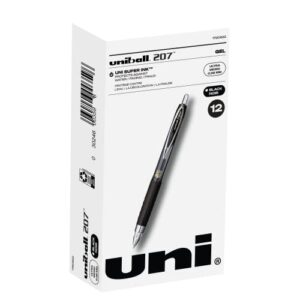 black retractable gel pens 12 pack with micro points, uni-ball 207 signo click pens are fraud proof and the best office pens, nursing pens, business pens, school pens, and bible pens