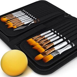 premium artist paint brush set of 16 – w/ bonus palette knife, sponge & organizing case – painting brushes for kids, adults or professionals – perfect for your watercolor, oil or acrylic painting art