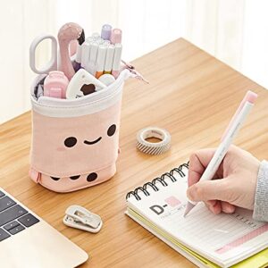 ANGOOBABY Standing Pencil Case Cute Telescopic Pen Holder Kawaii Stationery Pouch Makeup Cosmetics Bag for School Students Office Women Teens Girls Boys (Pink)