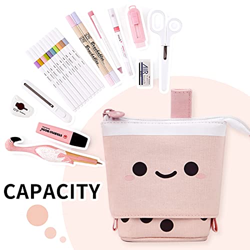 ANGOOBABY Standing Pencil Case Cute Telescopic Pen Holder Kawaii Stationery Pouch Makeup Cosmetics Bag for School Students Office Women Teens Girls Boys (Pink)