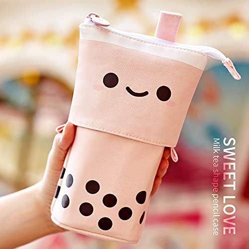 ANGOOBABY Standing Pencil Case Cute Telescopic Pen Holder Kawaii Stationery Pouch Makeup Cosmetics Bag for School Students Office Women Teens Girls Boys (Pink)