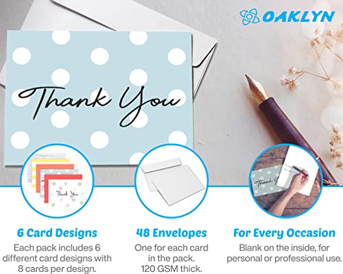 Oaklyn Blank Thank You Cards Set with Envelopes - Professional Paper with an Assortment of Designs and Blank White Inside - Bulk Pack of Small Notes (48 Pack)