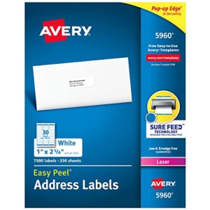 avery address labels with sure feed for laser printers, 1″ x 2-5/8″, 7,500 labels (5960),white