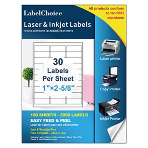 labelchoice 100 sheets 3000 labels 30-up 1″ x 2-5/8″ shipping address fba labels for laser & inkjet printers, 30 up labels 1 x 2-5/8 on us letter,30 per sheet return address labels, 30 per page labels