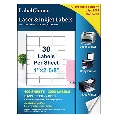 Labelchoice 100 Sheets 3000 Labels 30-up 1" x 2-5/8" Shipping Address FBA Labels for Laser & Inkjet Printers, 30 Up Labels 1 x 2-5/8 on US Letter,30 per Sheet Return Address Labels, 30 per Page Labels