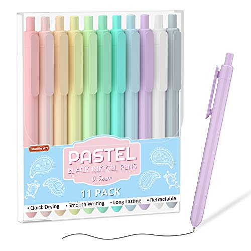 Retractable Pastel Gel Ink Pens, Shuttle Art 11 Pack Black Ink Pens, Cute Pens 0.5mm Fine Point for Writing Journaling Taking Notes School Office Home