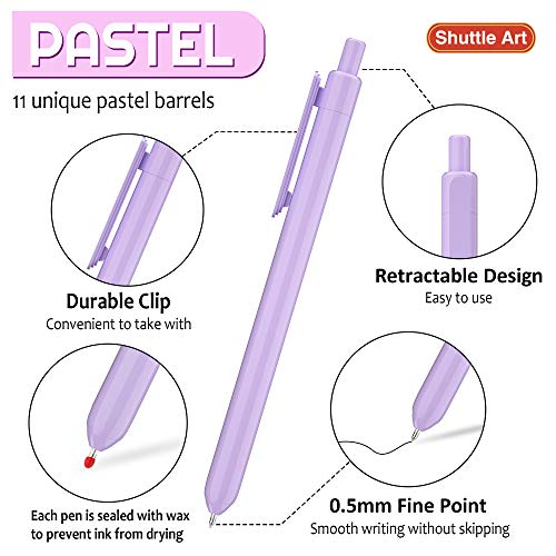 Retractable Pastel Gel Ink Pens, Shuttle Art 11 Pack Black Ink Pens, Cute Pens 0.5mm Fine Point for Writing Journaling Taking Notes School Office Home