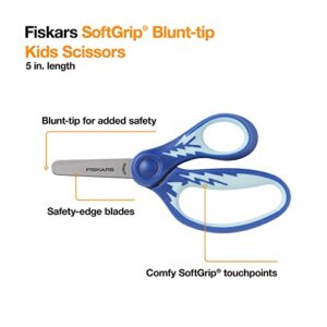 Fiskars Kids Scissors, Scissors for School, Blunt Tip Scissors, 5 Inch, Softgrip, 3 Pack (Blue, Purple, Pink)